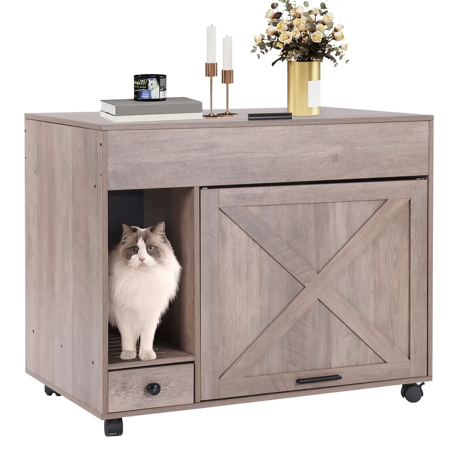 Aivituvin-AIR7018 Wooden Cat Litter Box Enclosure | Side Table with Wheels