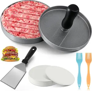4.7 Inch Hamburger Press Patty Maker Set, Stainless Steel Non Stick Hamburger Mold with Smash Burger Spatula, 100 Patty Papers and 2 Basting Brushes, Burger Patty Mold for Homemade Hamburger