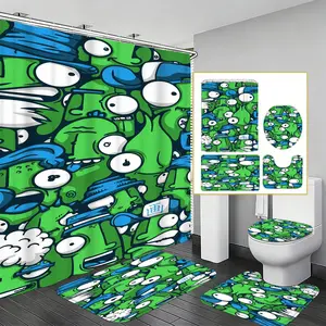 Funny Graffiti Monster Shower Curtain Set, Fun Bathroom Decor, High Fit Aesthetic Item, Self-Branded Trendy Bath Soft Furnishing