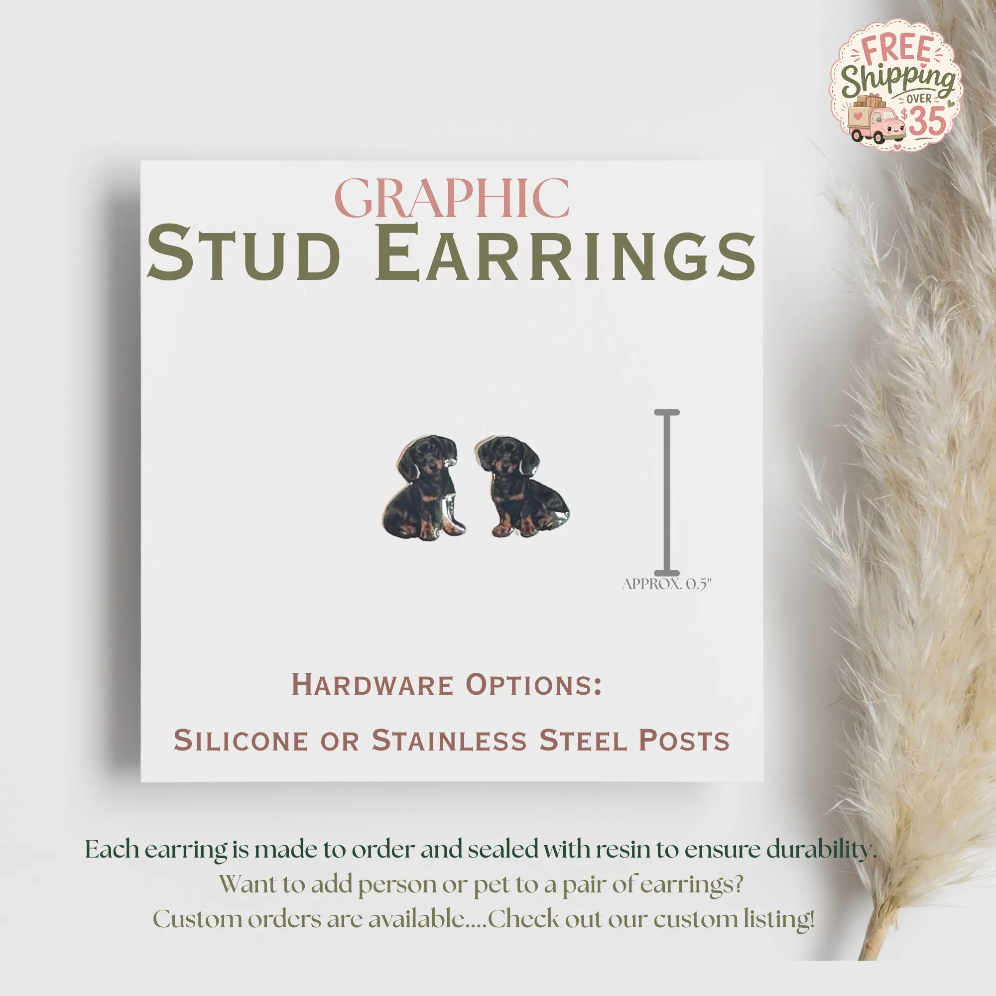 Black and Tan Dachshund Stud Earrings, Wiener Dog Earrings, Doxie Jewelry, Dog Lover Gift, Cute Puppy Graphic Earrings
