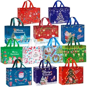 12 Pack Christmas Gift Bags Large Reusable Christmas Tote Bags, Non-Woven Christmas Bags for New Year's Shopping, Christmas Surprise, Xmas Party Supplies,12.8"×9.8"×6.7"