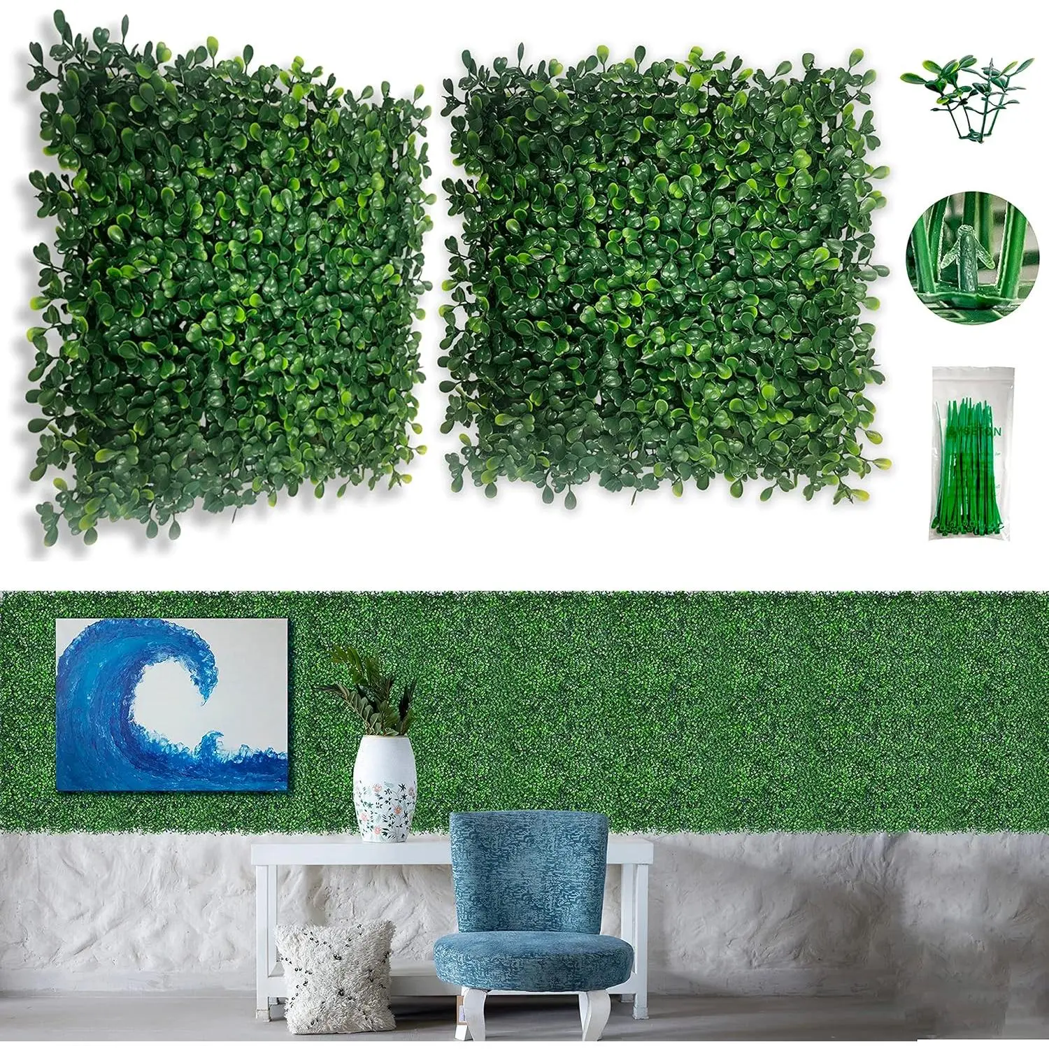 24 count Artificial Grass Wall Panels, 10x10 Inch  Boxwood Greenery Backdrop, Realistic  Screen for Indoor Outdoor Photo Background, Spring Decor