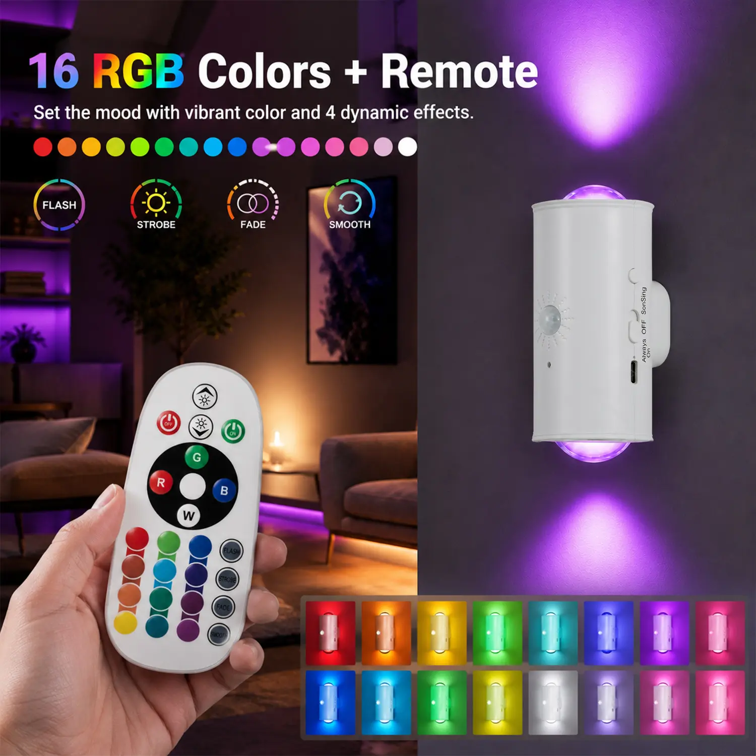 Smart Rechargeable LED Motion Sensor Night Light - RGB Gradient Ambient Dimmable Wall Lamp, Magnetic Stick-On Design, USB Charging, Long-Lasting Battery, Cool Gadgets for Home, Aesthetic Room & House Decor, Halloween, Bedroom