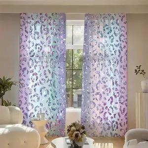 2pcs Creative Dreamy Gradient Sequin Leopard Print Curtains, Light Blocking Drapes, Polyester Fiber, Kitchen Bedroom Office Living Room Decor