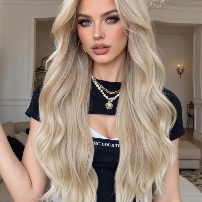 28 Inch Long Blonde Wavy Wigs for Women, Gorgeous Fluffy Wigs without Bangs, Synthetic Lace Front Wigs for Party, Daily Use, Body Wavy Wigs, Glueless Synthetic Hair Wigs