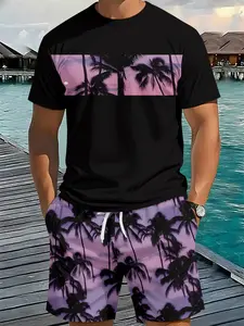 Purple Tone Coconut Shadow Vacation Printed 3D Digital Printed Two-piece Set, 2Pcs, Trendy Fashion Suit, Trendy Retro Casual Two-piece Outfit, Vacation Vibe Trendy Wear, Breathable Sports Casual Style, Perfect Festival Gift for Men