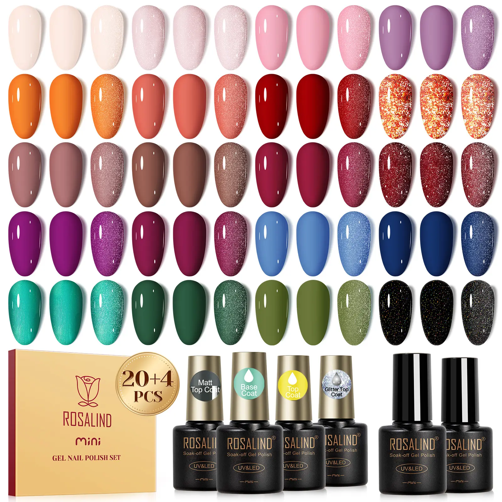 ROSALIND 24PCS Gel Nail Polish Starter Set Mini Size- Base Coat, Glossy & Matte Top Coats Included, Requires UV Nail Light for Drying, Ideal for Beginner DIY Home Use Across All Seasons