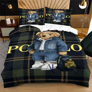 Plaid Bear Print Quilt Cover Set, Includes 1 Quilt Cover and 1 or 2 Pillowcases, Excludes Quilt Insert and Pillow Insert, Suitable for Bedroom or Dormitory Bedding Sets, Ideal for Gifting or Personal Use, Soft Bedding Sets