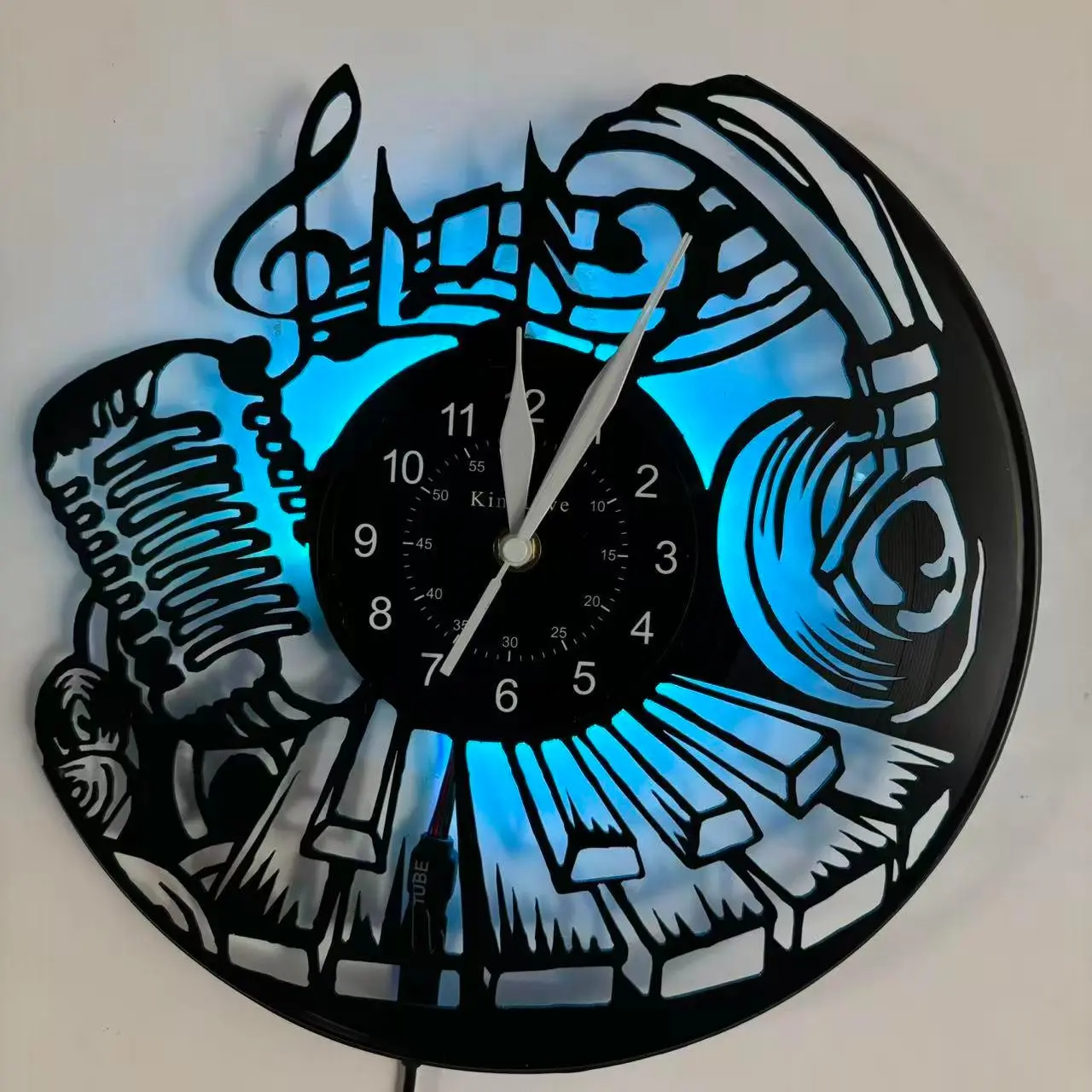 Piano Headphones Microphone Wall Clock, Silent 7-Color Display, Ideal for Piano Rooms & Music-Themed Decorations, Perfect Gift for Musicians