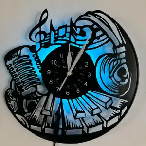Piano Headphones Microphone Wall Clock, Silent 7-Color Display, Ideal for Piano Rooms & Music-Themed Decorations, Perfect Gift for Musicians
