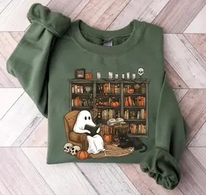 Ghost Reading Book Sweatshirt, Cozy Halloween Crewneck, Book Lover Fall Pullover, Black Cat Bookshelf Sweatshirt, Spooky Season Gift