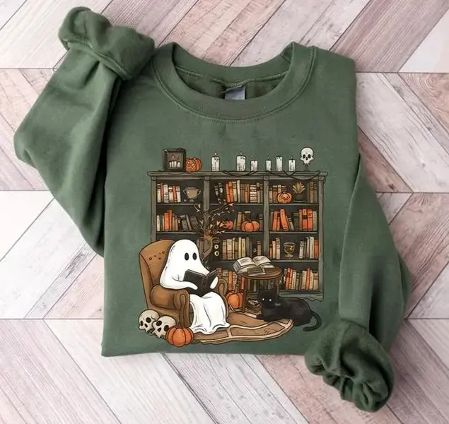 Ghost Reading Book Sweatshirt, Cozy Halloween Crewneck, Book Lover Fall Pullover, Black Cat Bookshelf Sweatshirt, Spooky Season Gift