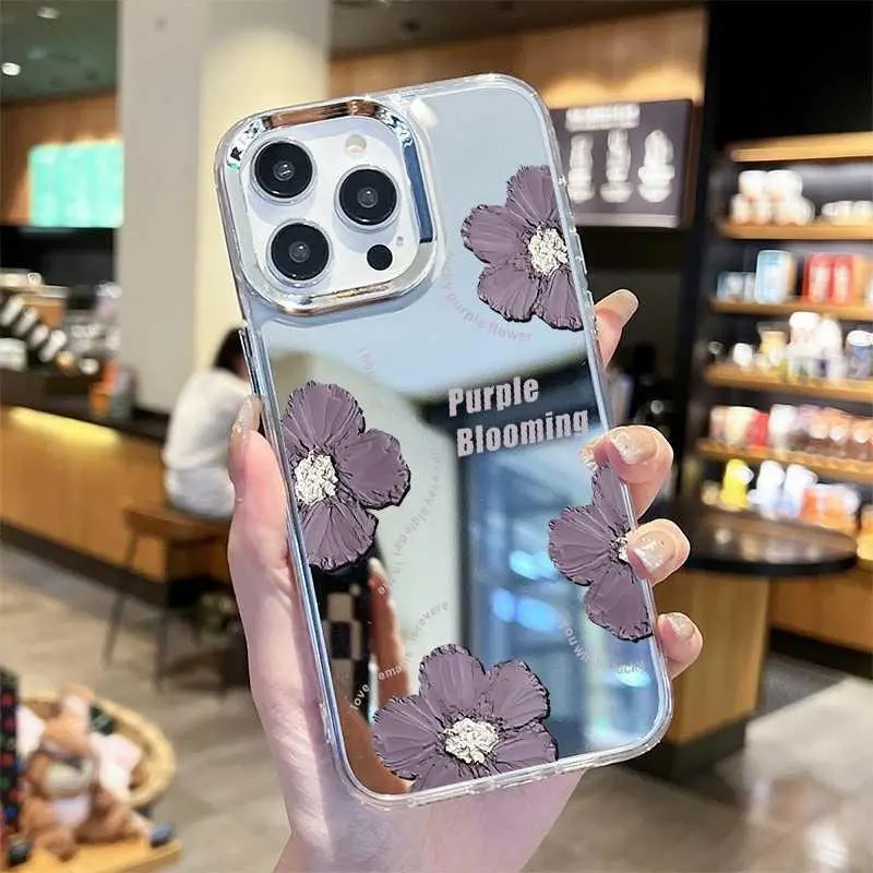Purple Flower For iPhone 16 Pro Max Mirror Phone Case For iPhone 17 for Makeup Touch-Ups HNA15