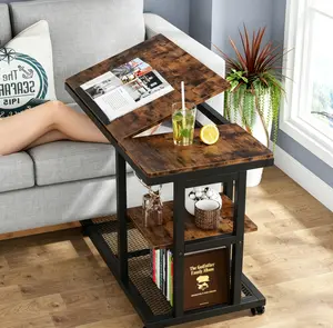 Lazy Office Essential | Industrial-Style Rolling Laptop Desk, Adjustable Angled Bedside Table, Multi-Functional Storage Side Table for Bedroom Sofas, Rolling Writing/Drawing Small Desk, Narrow Bedside Storage Rack