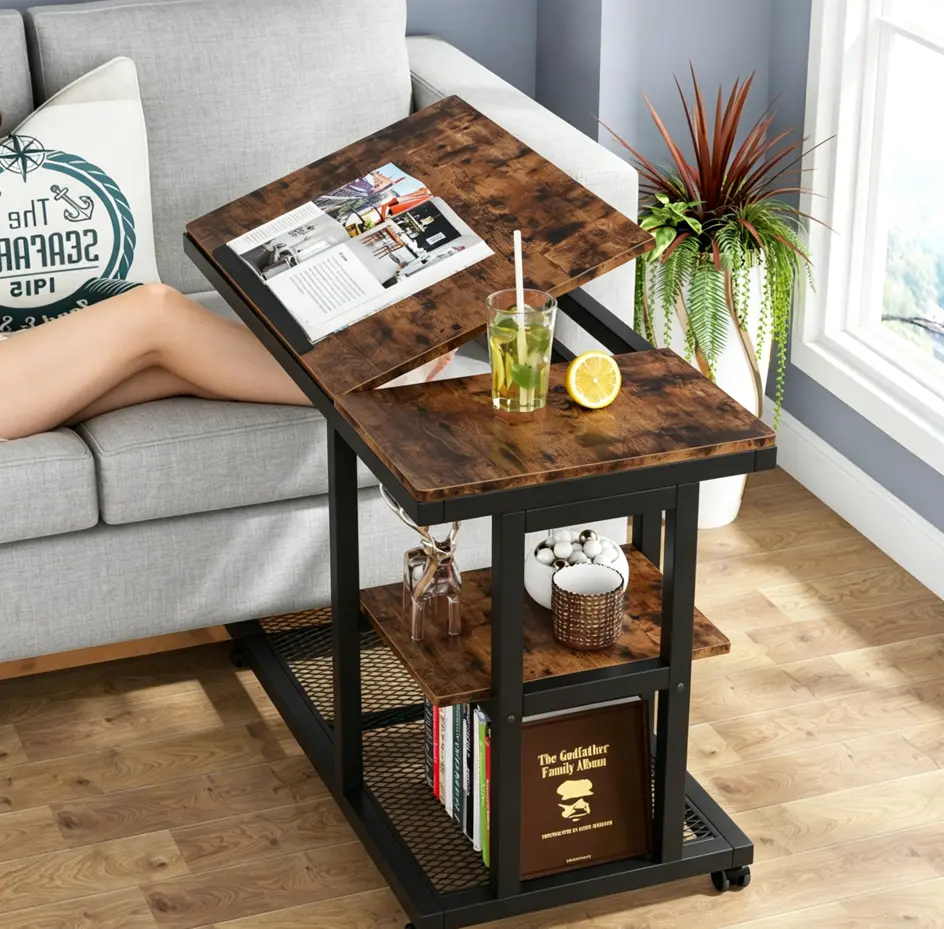 Industrial-Style Iron Frame & Retro Engineered Wood Foldable Rolling Adjustable Desk - Space-Saving Side Table with Casters, Adjustable Angle, Storage, Portability for Office, Bedroom, Black Metal, Metal