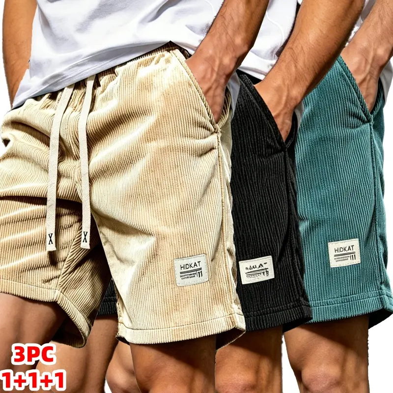 Men Vintage Corduroy Casual Shorts, Elastic Drawstring Waist Loose Fit Summer Short Pants, Side Pockets Retro Streetwear Cord Shorts, Soft Comfort Daily Walking Gym Beach Shorts, Multi Neutral Colors Trendy Bottoms For Guys