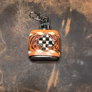 Handcrafted Leather Flask Keychain with Unique Checkerboard Design and Secure Clip for Easy Attachment