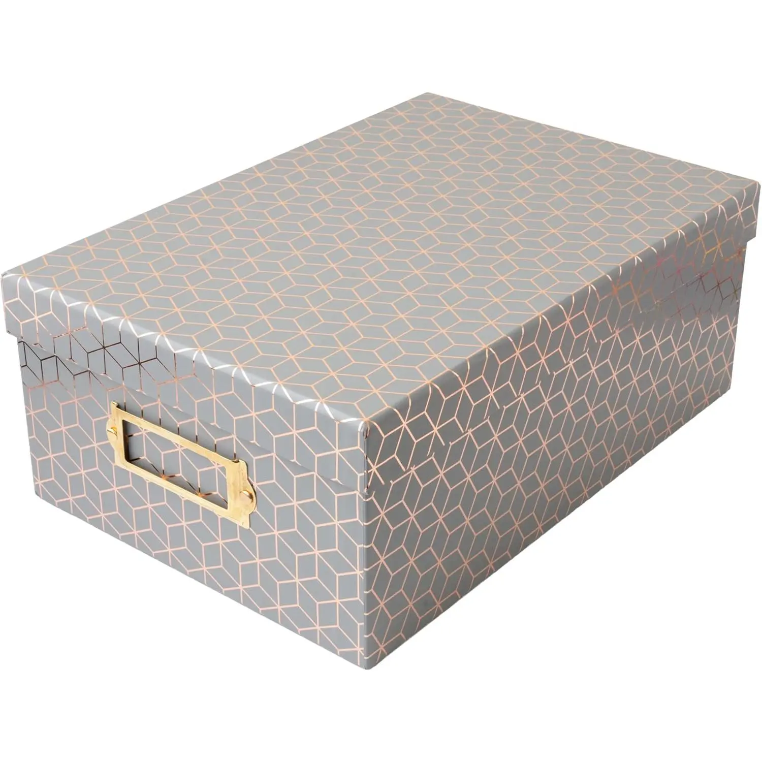 Gray Geometric Rose Gold Foil Rectangular Photo Keepsake Box with Lid - 11x7.4x4.3 in Desktop Decorative Home Organizer Storage Box, Room Accessories, Geo Pattern