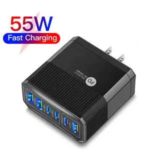 USB C Fast Charger 55W 6-Port USB C Wall Charger Charging Station Power Adapter PD 25W QC3.0 Portable Type C Charging Block Cube for iPhon 15 14 12 Pro Max Pixel Note Galaxy