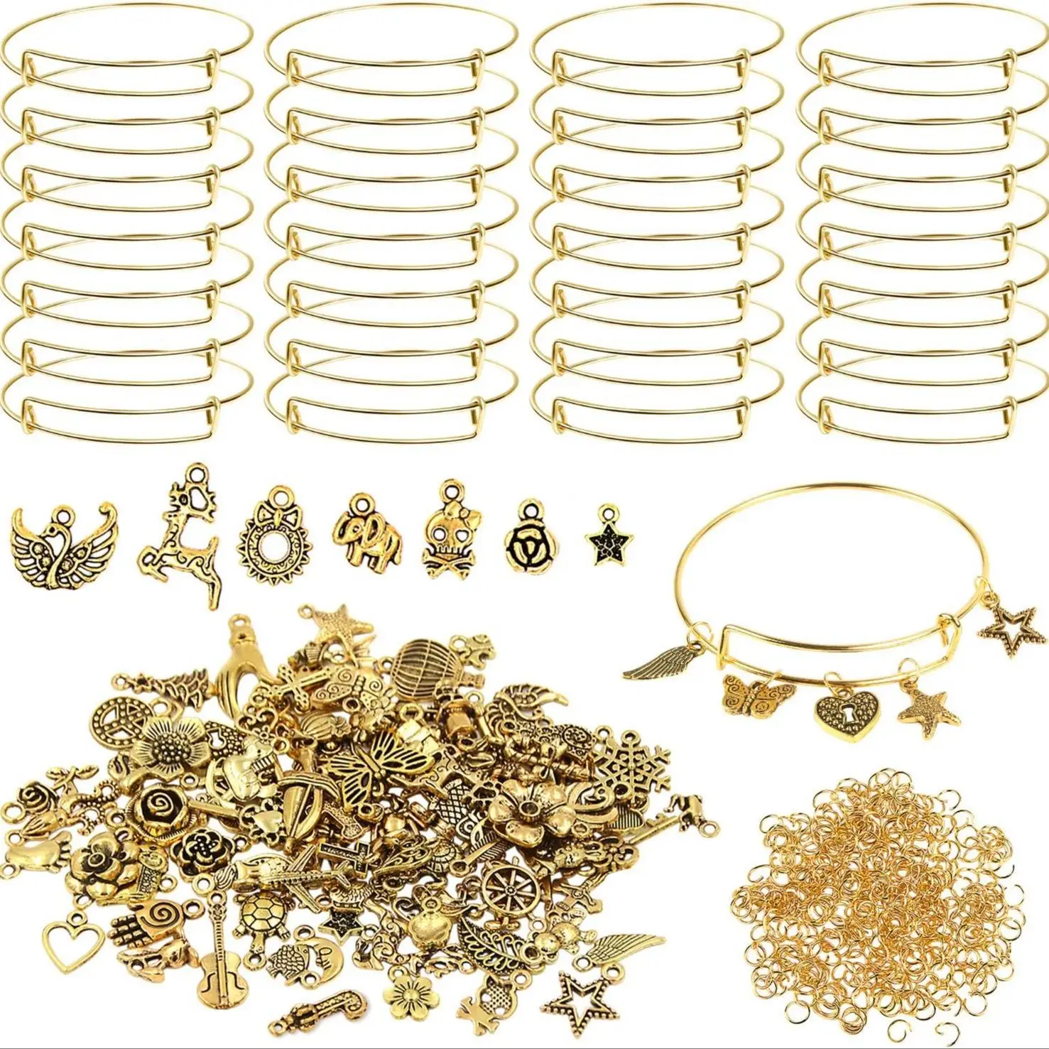 DIY Wristbands Making Kit, 90pcs/set Including 10 Adjustable Metal Bracelets, 30 Random Pendants & 50 Open Rings, Jewelry Making Kit for Women