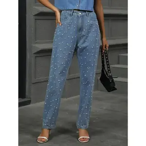 Pearl Detail Straight Jeans with Pockets