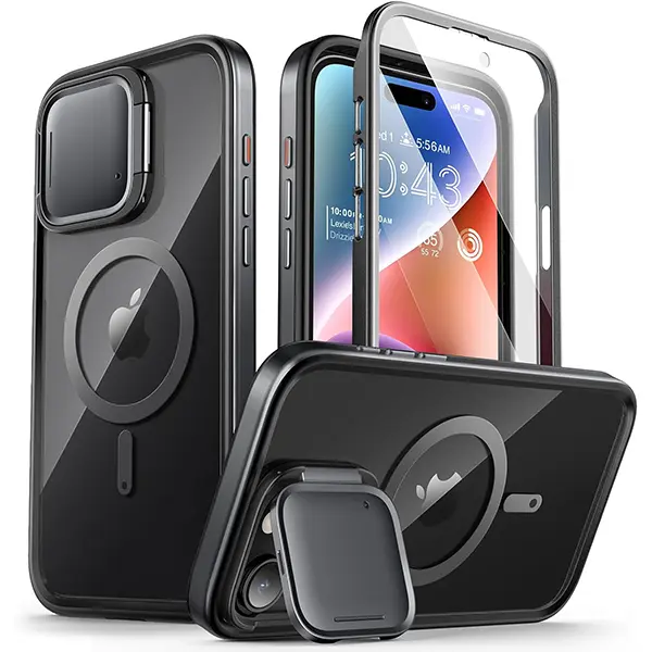 i-Blason Clear Full-Body Case for iPhone 15 Pro Max - MagSafe Compatible, with Camera Cover Stand, Built-in Screen Protector, Shockproof Rugged Bumper Protection