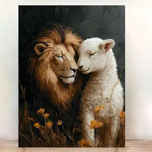 1pc, [2D Flat] with Frame, 12x16inch Lion and LambCanvas, Jesus, ian Modern Bible Art, Biblical Painting Print, Religious Home Decor God Portrait, 2D Flat, Perfect for Room Decor	