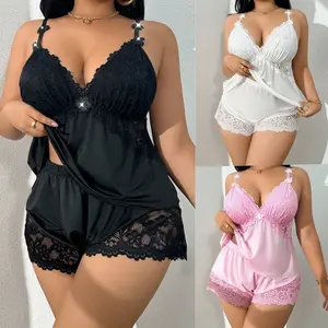 Women's Plus Size Floral Lace Trim Satin Pajama Set - Adjustable Strap Cami Nightwear