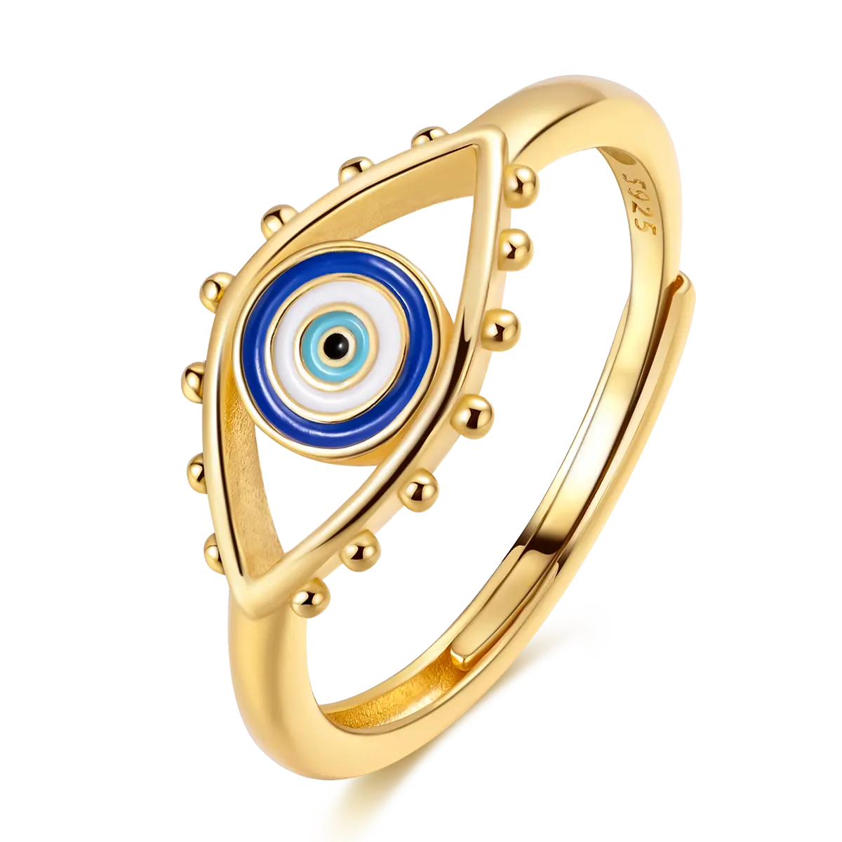 MULA Women's Fashion Ring - Elegant Evil Eye Design in Gold-Plated 925 Silver, Symbolic Jewelry for Protection & Good Luck, Elegance, Adjustable Open Band, Daily