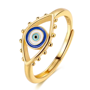 MULA Evil Eye Ring 925 Sterling Silver Gold Plated Blue Enamel and Zirconia, Adjustable Spiritual Protection Jewelry, Elegant Lucky Gift for Women Girls Birthday Anniversary Christmas