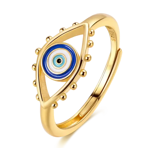 MULA Women's Fashion Ring - Elegant Evil Eye Design in Gold-Plated 925 Silver, Symbolic Jewelry for Protection & Good Luck, Elegance, Adjustable Open Band, Daily