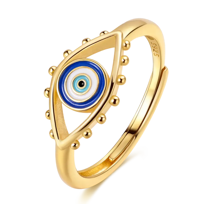 MULA Women's Fashion Ring - Elegant Evil Eye Design in Gold-Plated 925 Silver, Symbolic Jewelry for Protection & Good Luck, Elegance, Adjustable Open Band, Daily