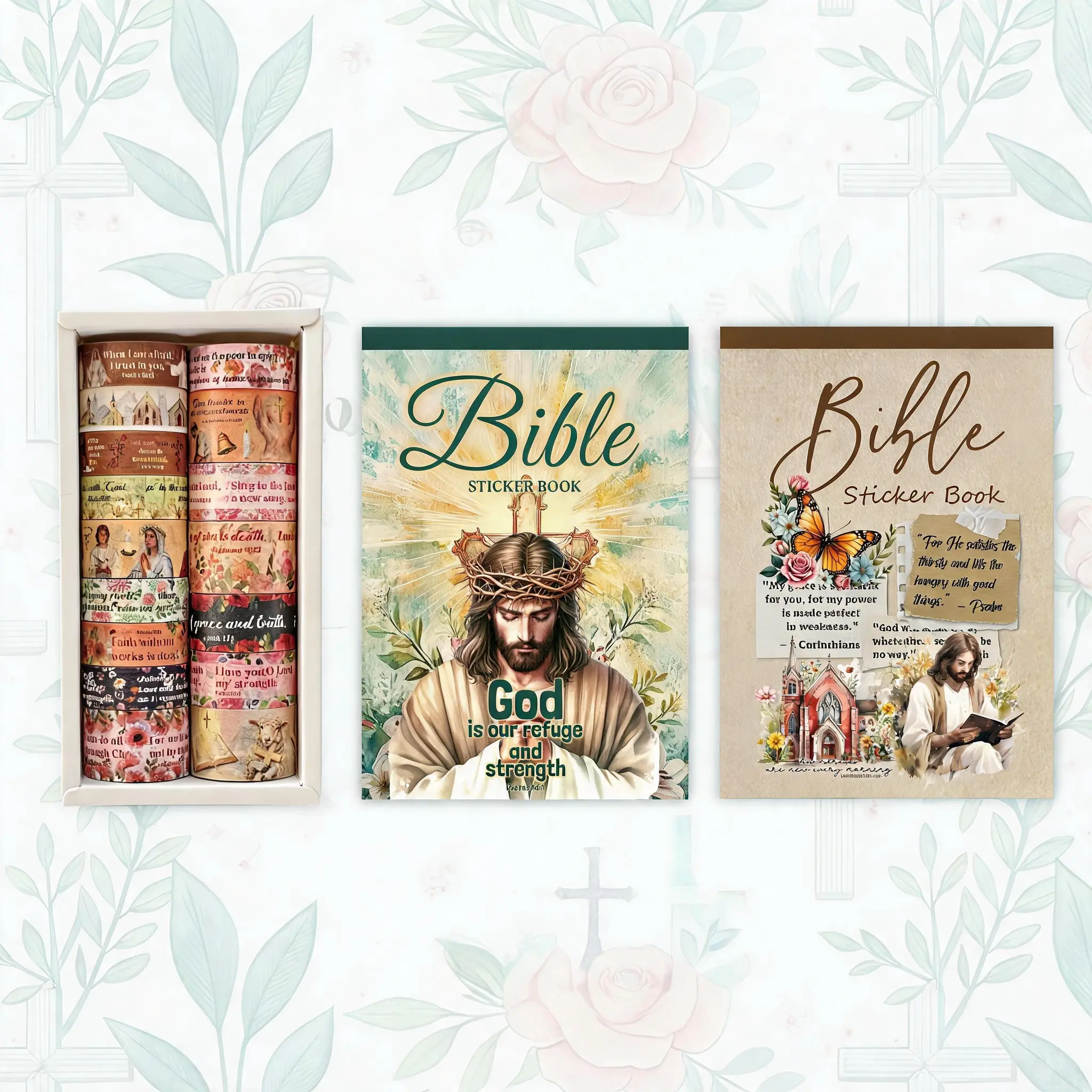 600+ PCS Christian Bible Verse Sticker Book & 16-Roll Faith-Based Washi Tape Set, Craft Supplies for Bible Journaling (Scrapbooking, DIY Projects)