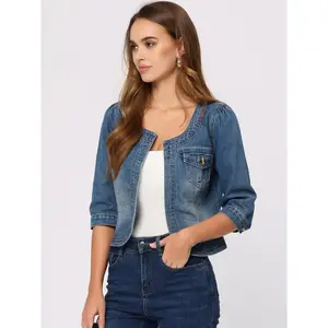 INSPIRECHIC Women’s Denim Jacket, Collarless, Casual Cotton Cardigan, Chest Pockets, 3/4 Sleeve Crop Jean Jacket, Blue, Solid Color