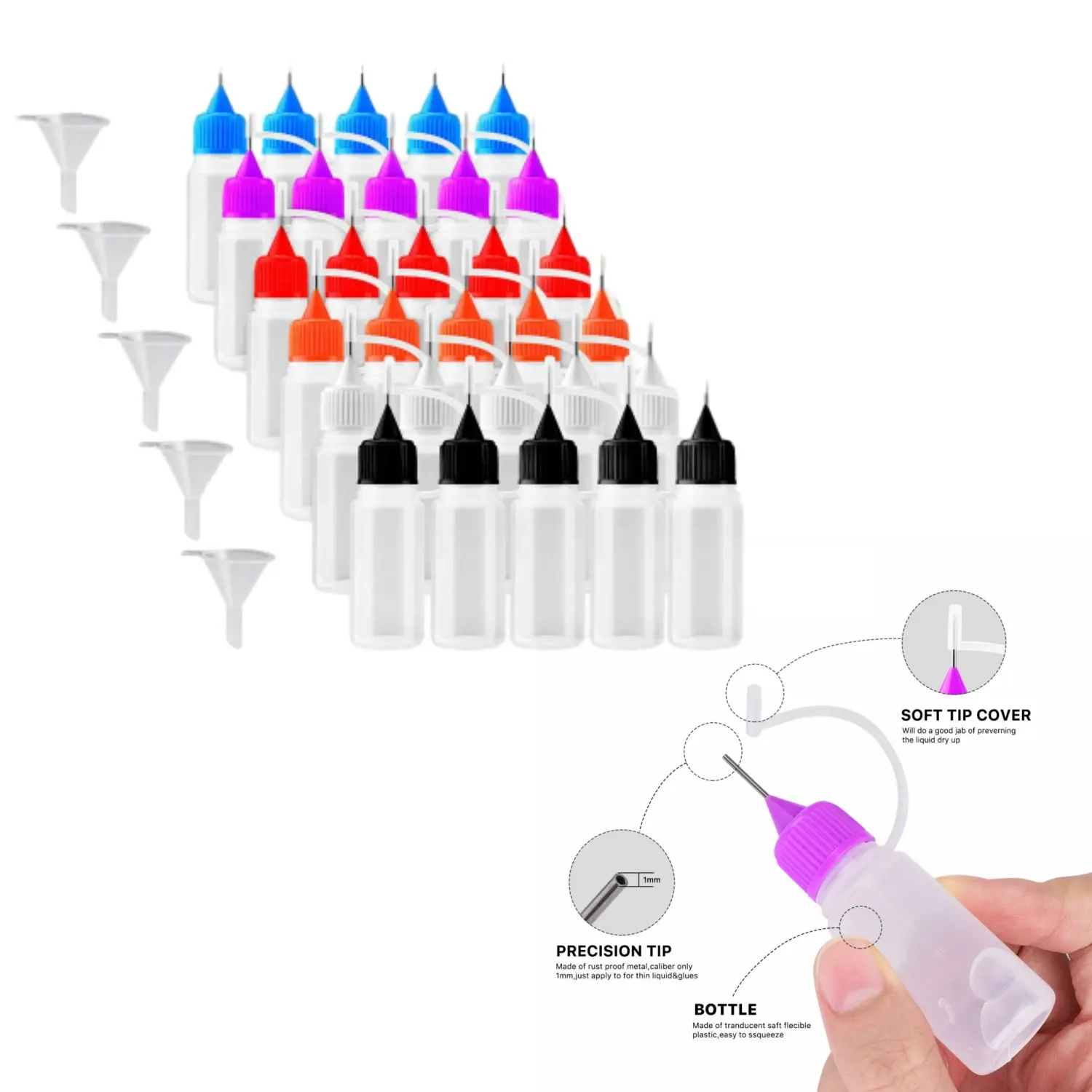 30-Piece 10ml Precision Tip Applicator Squeeze Bottles with 5 Mini Funnels - Translucent Polyethylene Glue Dispensing Bottles with Rubber Stopper for Art Craft Supplies, Paint Quilling