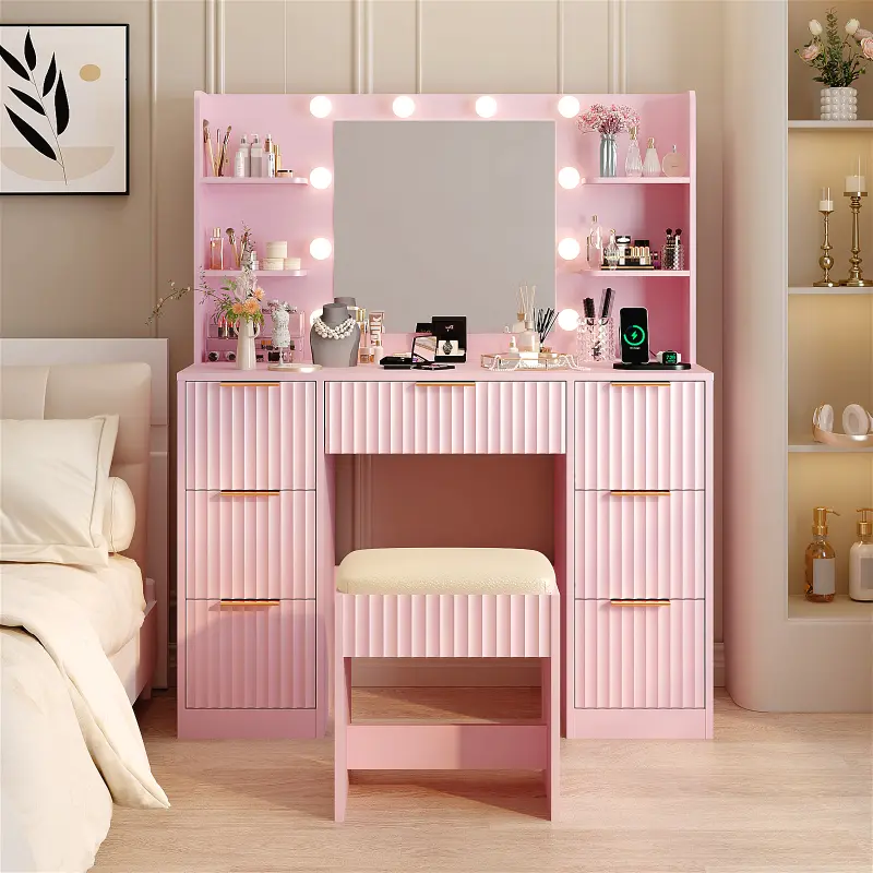 Women's Sturdy 43.3" Fluted LED Vanity Desk with Mirror, Adjustable Lights, 7 Large Drawers, Glass Top & Charging Station, Pink Bedroom/Dorm Piece for Organization, Storage, Makeup Prep, Gift for Women