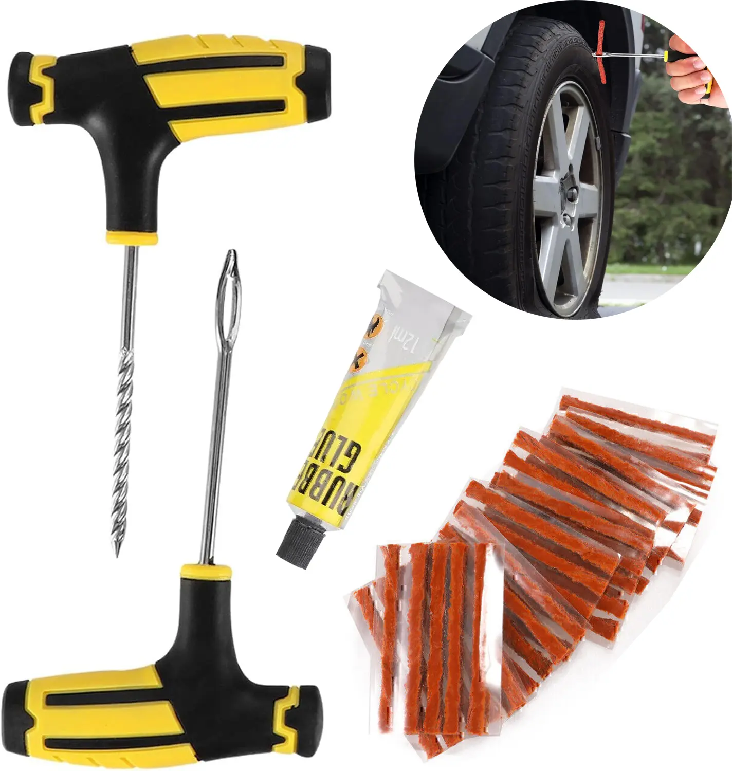 Emergency Tire Repair Kit, 68 Pcs Heavy Duty Comprehensive Tire Tools Plug Patches Kit With Insert Tools, Flat Tire Repair Kit, Tire Repair Glue Kit For Bike, Car, Motorcycle Tubeless Tyre