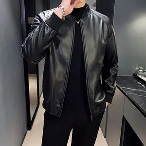 Men's Faux Leather Jacket With Pockets, Casual Baseball Collar Zip Up Long Sleeve Jacket For Outdoor