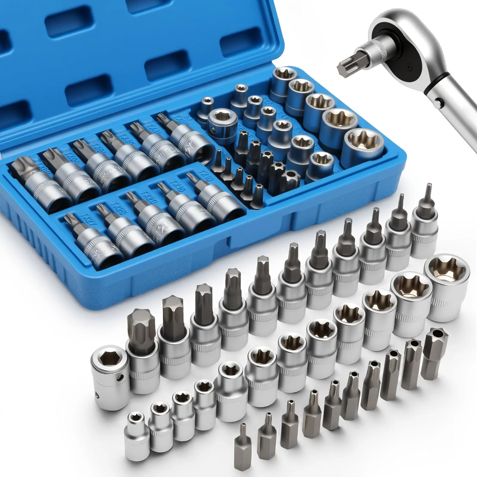 34-Piece 3/8'' Drive Torx Star Bit sockets | CR-V E-Socket Set, E4-20, T10-60, Tamper Proof Set TT10-TT55, 5/16"F to 3/8"M adapter with Storage Case