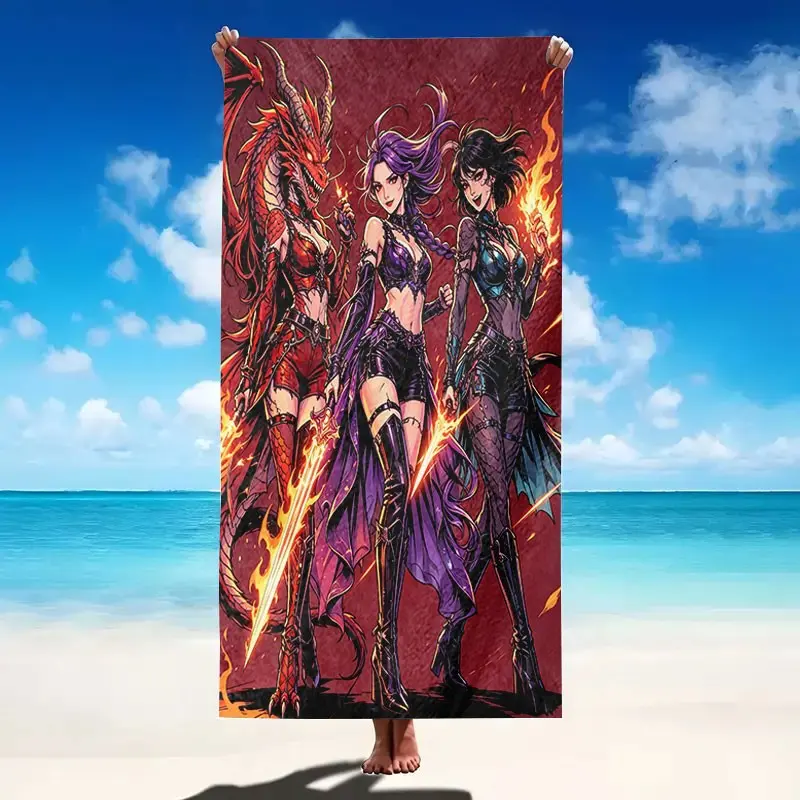 Dragon Girl Warrior Anime Print Beach Towel, Lightweight, Super Absorbent, Quick Dry, Reusable, Perfect for Summer Travel, Camping, Fitness