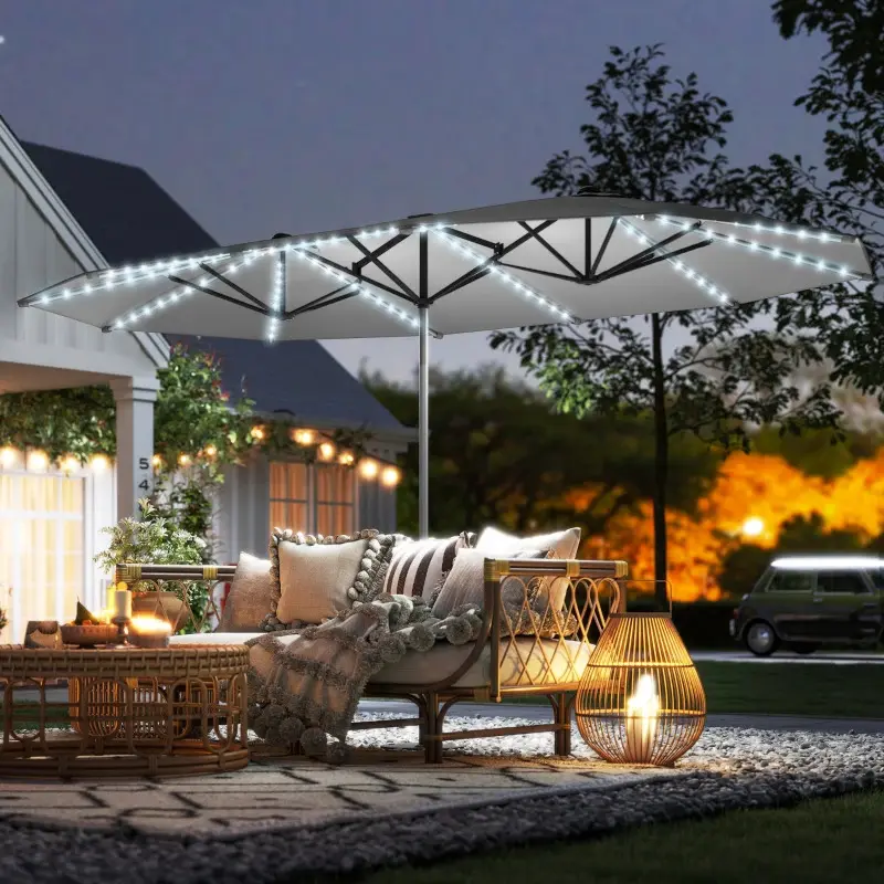 Greywick Double-Sided Solar Parasol with 36 LED Lights, UPF50+ Double Canopy, 12-Rib Steel Frame with Crank for Patio, Pool, Backyard, Garden