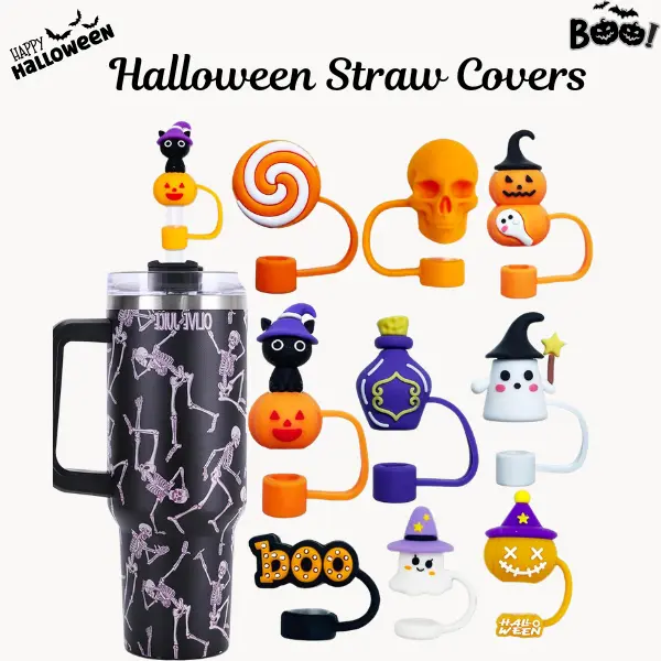 9PCS Halloween Straw Covers for Stanley Cup Accessories, 10mm Silicone Straw Toppers Compatible with Stanley 30oz & 40oz Tumbler, Reusable Dust-Proof Straw Caps, Cute Spooky Halloween Drink Accessories