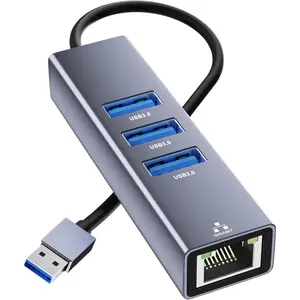 USB to Ethernet Adapter, 4 in 1 Gigabit LAN Network Adapter with 3 x Type-A3.0, USB Hub with Ethernet, RJ45 to Type-A Cable for Laptop, Compatible with Windows, Mac OS, Linux, Surface and More