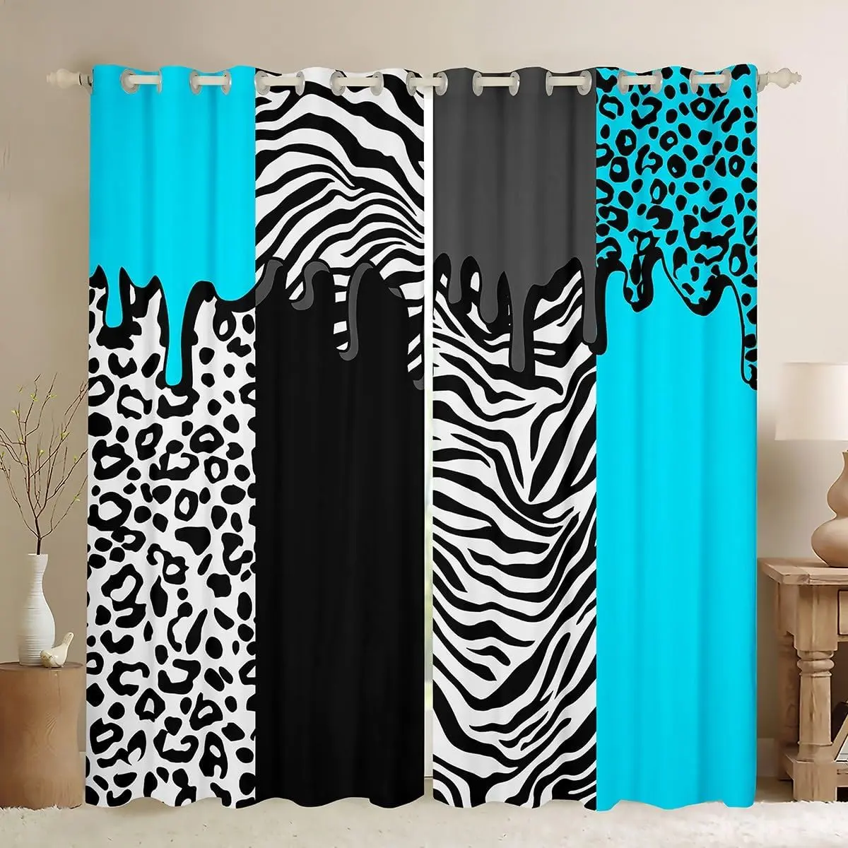 Feelyou 2-Panel Blackout Window Curtains (42x84 in) - Teal Blue Black White Cheetah Print Velvet Darkening Drapes, Easy Install Grommet Home Decoration, Privacy Grommet Home Textile Window Treatments, Easy Install Curtain, Privacy Grommet Curtains