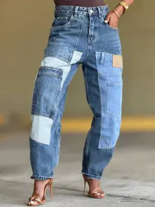 Women's Y2K Patchwork Jeans - High Waisted Baggy Fit With Vintage Wash & Cargo Pockets| Distressed Denim Pants For Streetwear, Casual Daily & Edgy Style