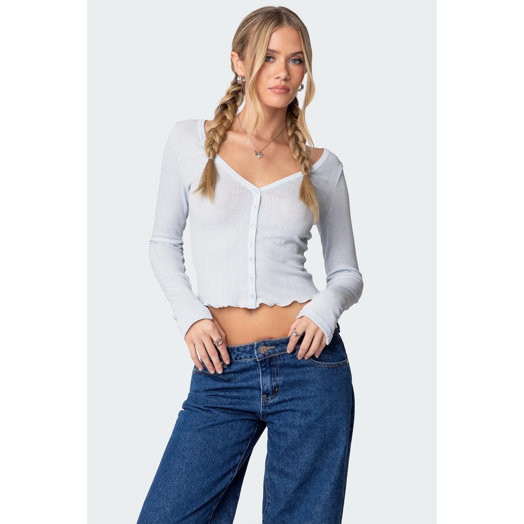 Ollie Button Front Pointelle Top