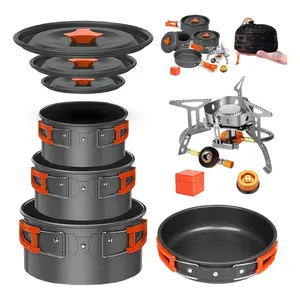 Camping Cookware Mess Kit Set with Stove - Backpacking Camping Pots and Pans Set, All in One Non-Stick Camping Cooking Set, Portable Stove, Hiking, Picnic, Outdoor & Camping Cookware Set
