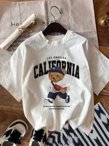 Unisex White California Bear Cartoon Print T-Shirt, Oversized Fit, American Retro Casual Style, Summer Daily Versatile Top with Fun Bear Graphic & California Slogan