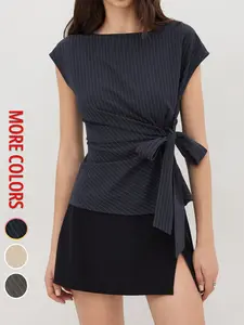 Women's French Classic Striped Tie Waist Sleeveless Top, Side Bow Tie Waist Slimming, Elegant Chic One-Shoulder Neckline, Office, Business, Casual