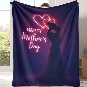 Mother and Child Silhouette Flannel Blanket Neon Heart and Happy Mother’s Day Print Soft Cozy Lightweight Warm Throw for Bedroom Sofa Living Room Holiday Gift Home Décor
